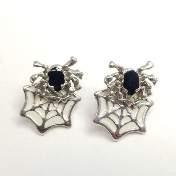 Vintage Black Spider and Web Two Part Stud Earrings, Spooky Halloween Theme - Picture 1 of 6